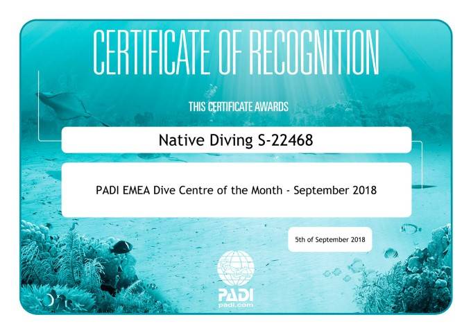 Premio Centro de buceo PADI Septiembre 2018
